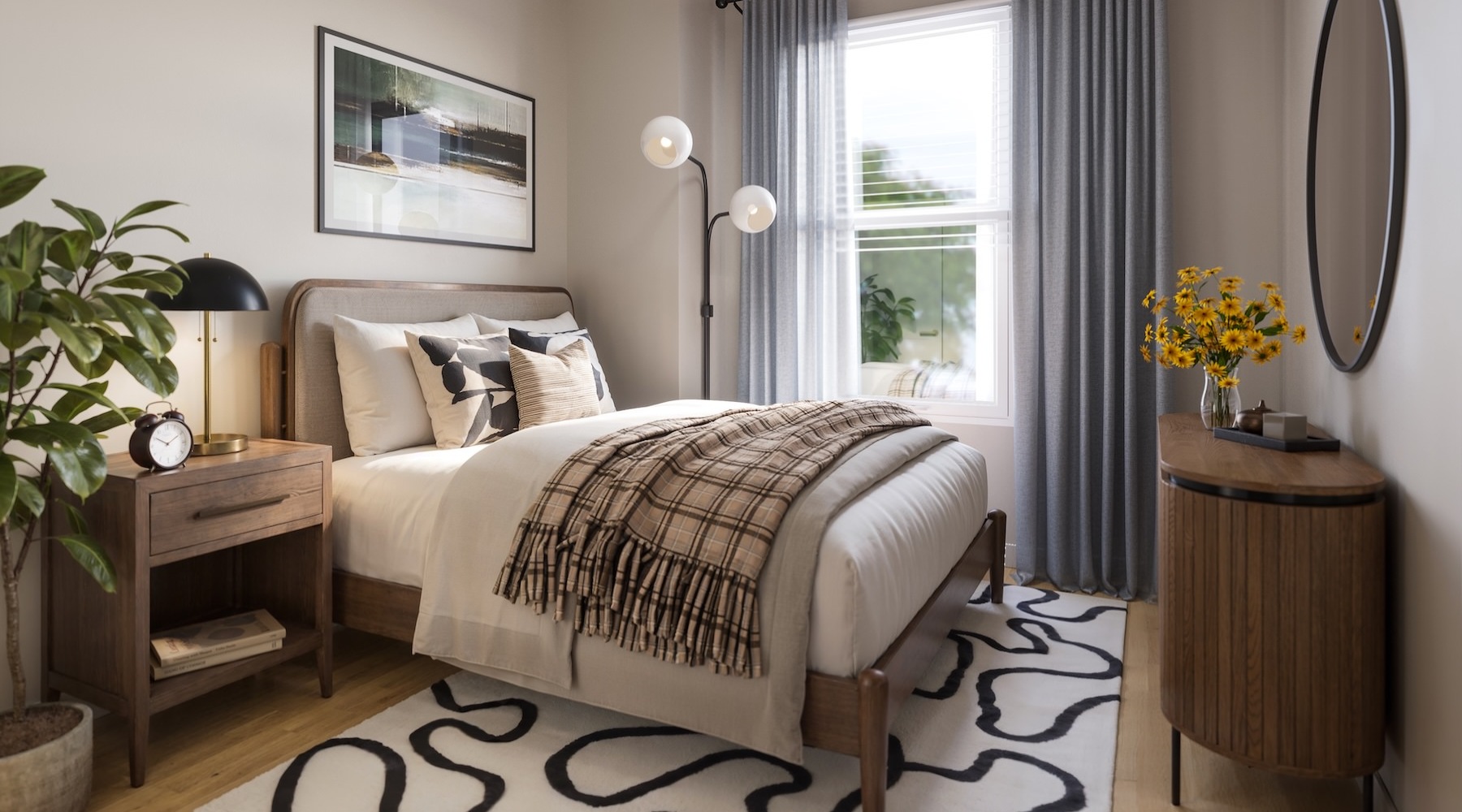 a bedroom with a bed and two nightstands