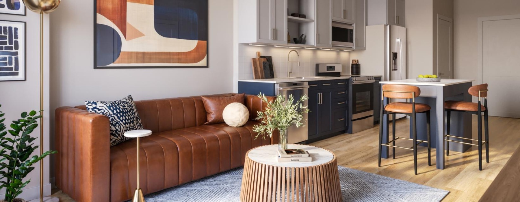 a living room with a couch and a table